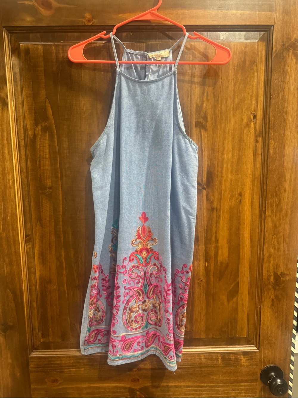 entro Light Denim Blue Halter Mini Dress with Pink embroidery detail
